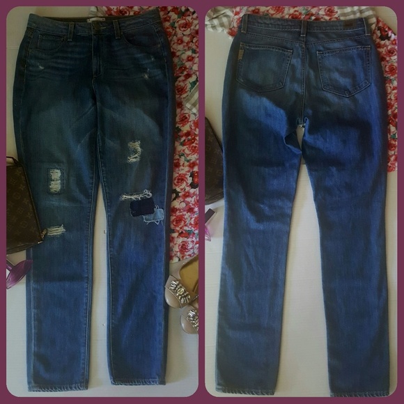 🍬PAIGE🍬 Distressed Patched Skinny Blue Jeans - Picture 4 of 8